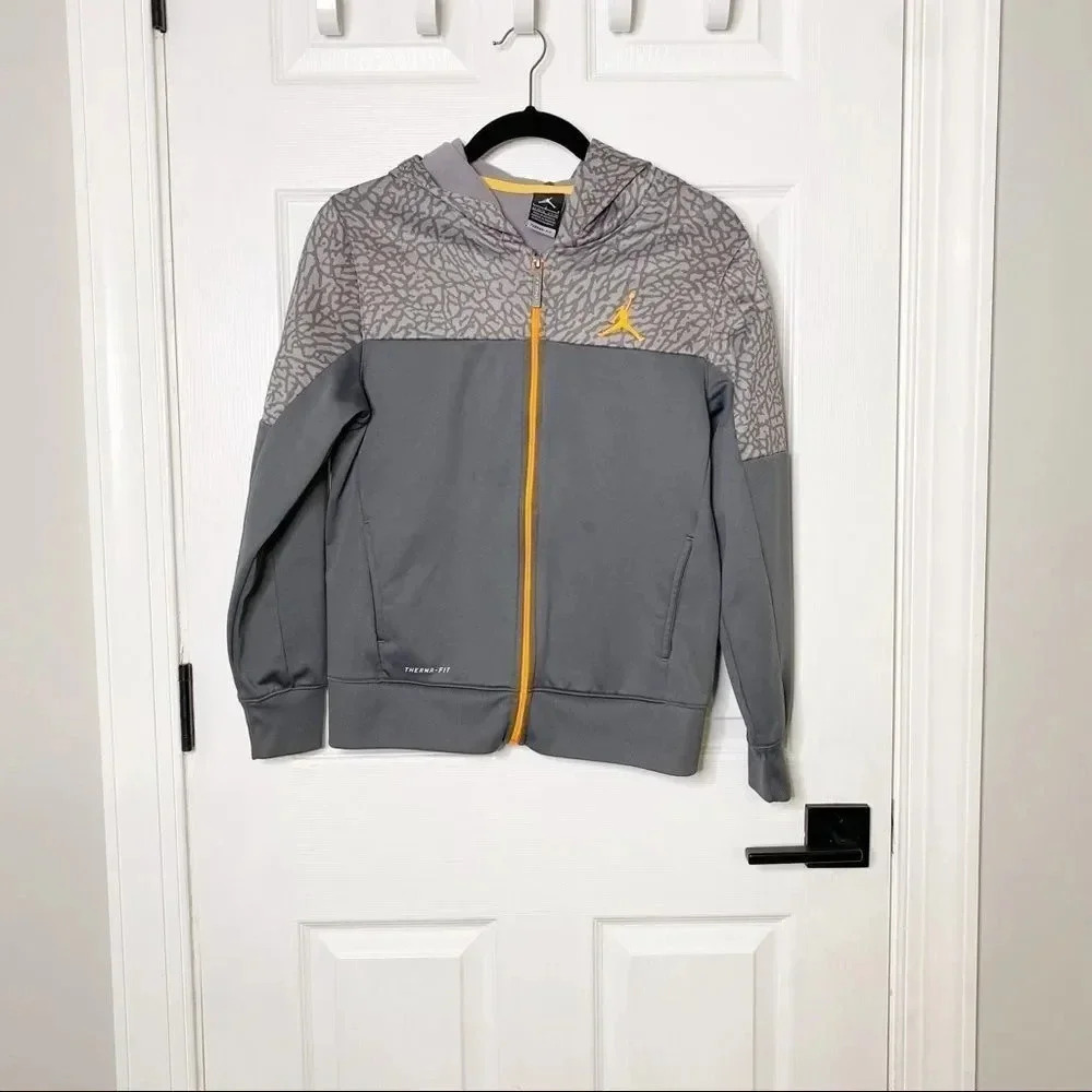 AIR JORDAN Large Youth Gray Orange Therma-Fit‎ Full Zip Hoodie